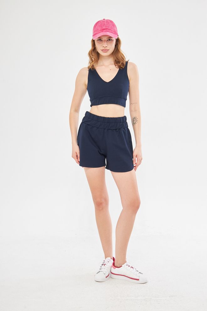 Evable Olla Wide Belt High Waist Shorts In Navy Blue Wholesale Clothing Cotton