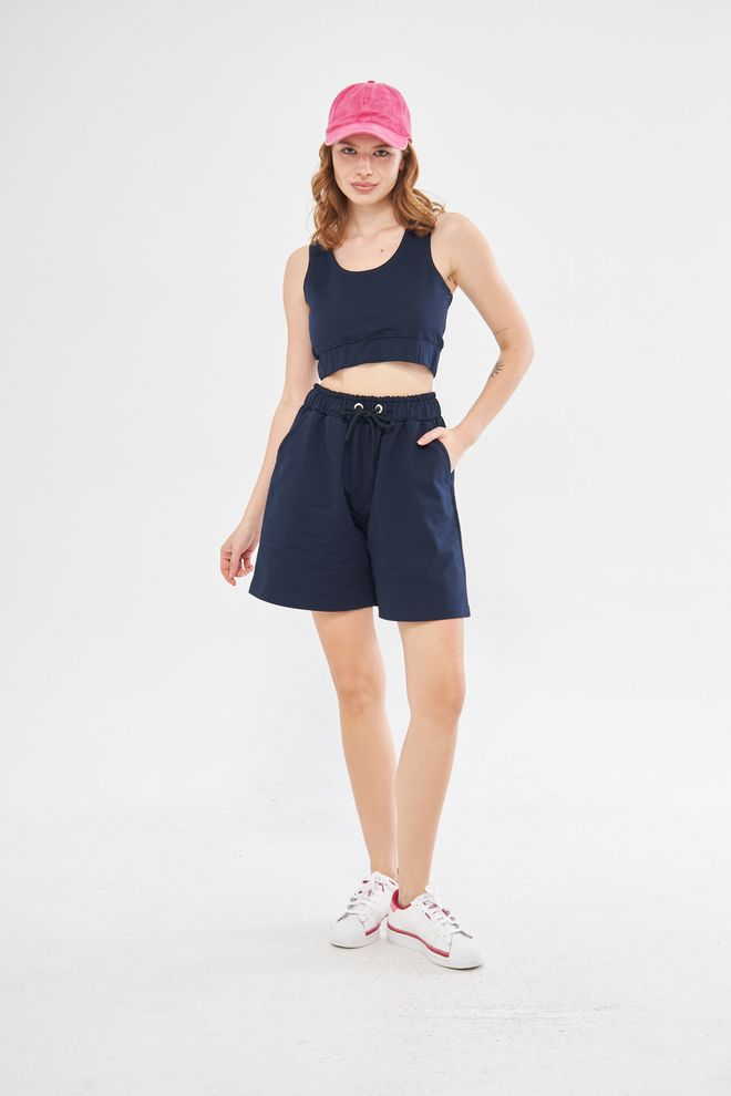 Evable Bels Oversized Rope Belted High Waist Shorts In Navy Blue Wholesale Clothing Cotton