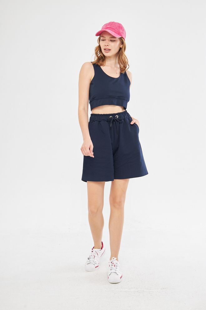 Evable Bels Oversized Rope Belted High Waist Shorts In Navy Blue Wholesale Clothing Dating