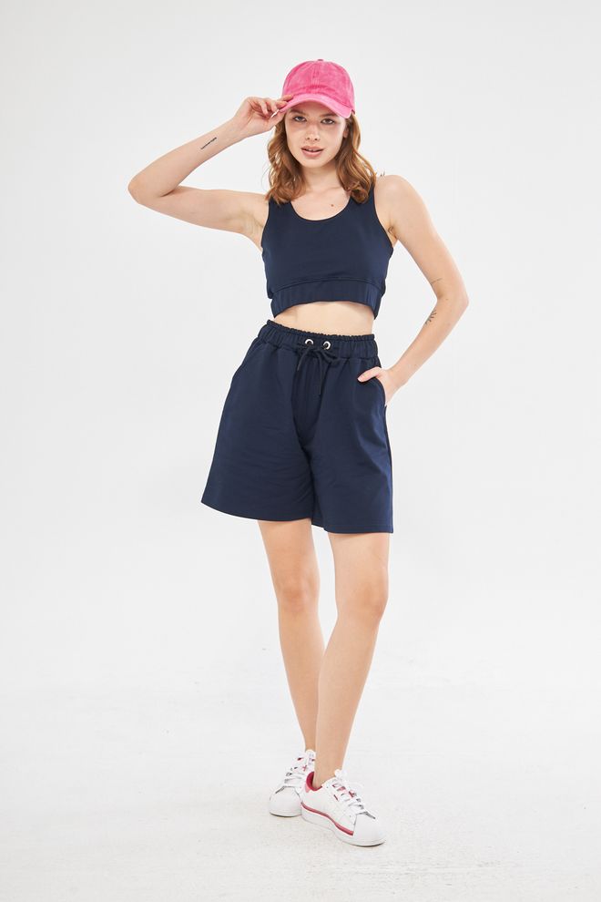 Evable Bels Oversized Rope Belted High Waist Shorts In Navy Blue Wholesale Clothing Summer