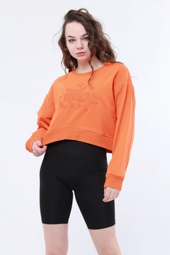 Bir model, Evable toptan giyim markasının 44706 - Noh005 Woman Sweatshirt toptan Sweatshirt ürününü sergiliyor.