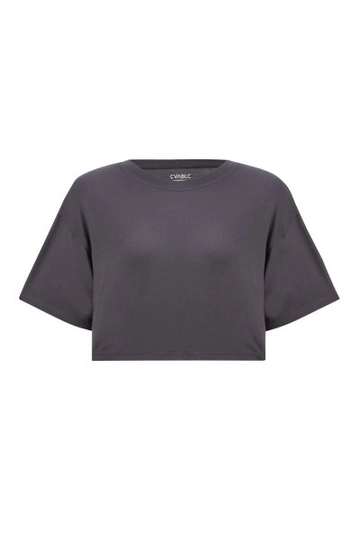 A wholesale clothing model wears  Ero Crop Tshirt - Smoked
, Turkish wholesale Crop Top of Evable