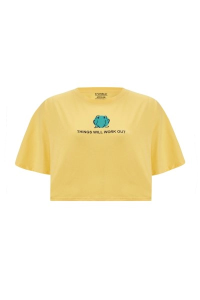A model wears 20069 - Frog Crop Tshirt - Yellow, wholesale Tshirt of Evable to display at Lonca