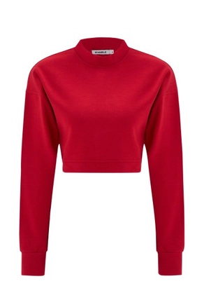 A model wears 20090 - Cross Sweatshirt - Red, wholesale undefined of Evable to display at Lonca