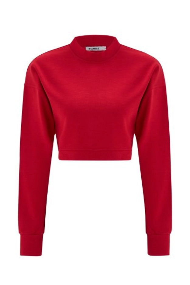 A model wears 20090 - Cross Sweatshirt - Red, wholesale Sweatshirt of Evable to display at Lonca