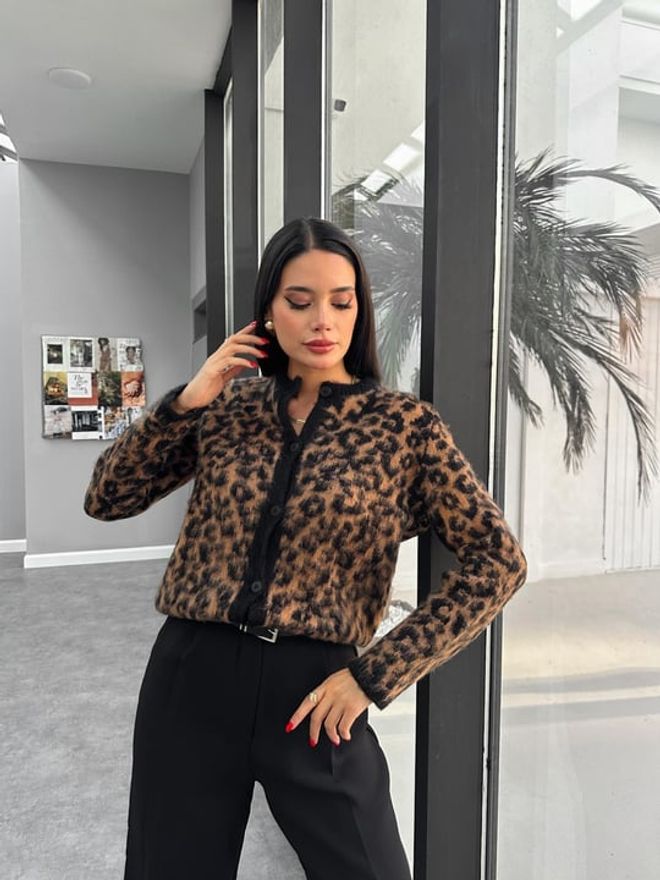 Ezgi Nisantasi Leopard Knitted Cardigan Wholesale Clothing Casual