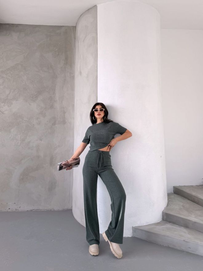 Ezgi Nisantasi Crop Eşofman Takımı Yeşil Toptan Giyim Gündelik