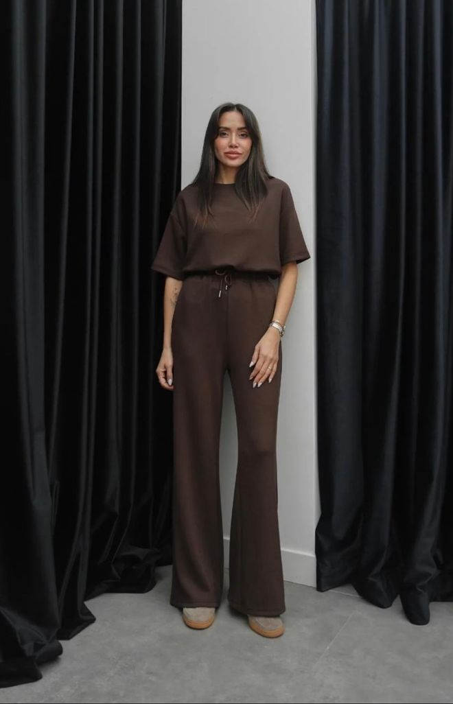 Ezgi Nisantasi Brown Casual Suit With Wide Leg Palazzo Pants Wholesale Clothing Summer