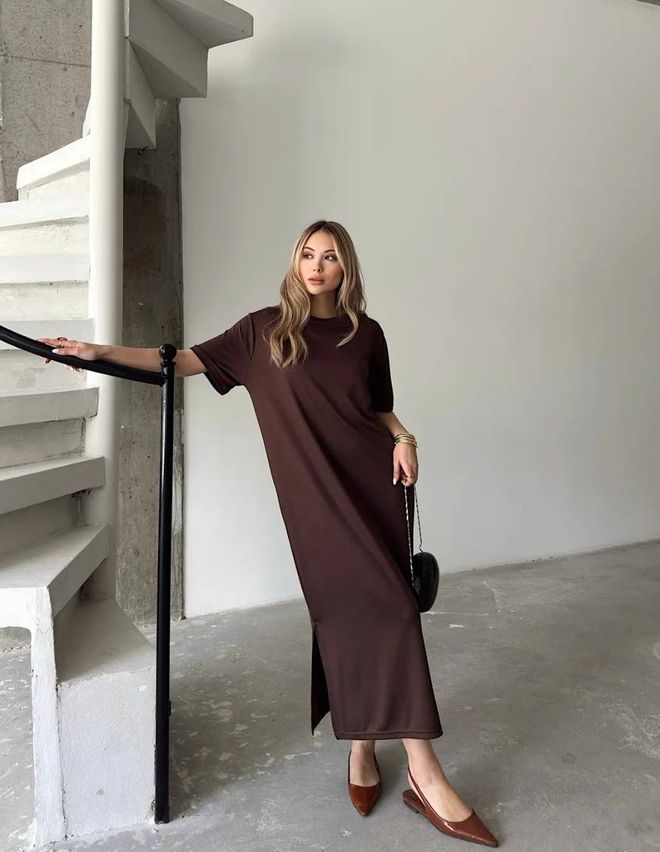 Ezgi Nisantasi Brown Elegant Shift Midi Dress Wholesale Clothing Casual