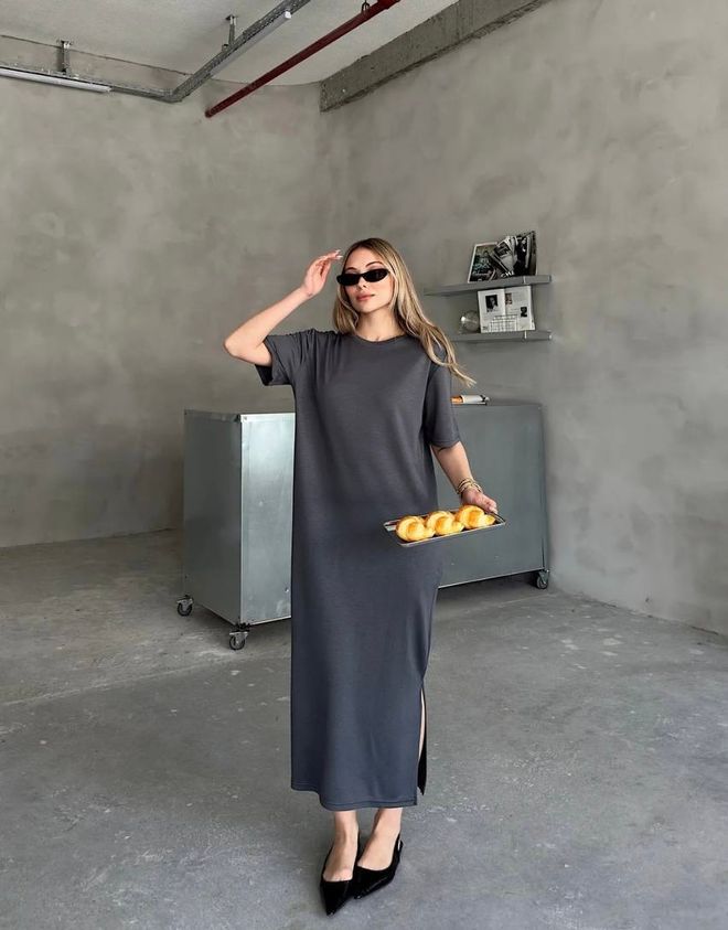 Ezgi Nisantasi Grey Shift Dress With Round Neck And Regular Sleeves Wholesale Clothing Modest