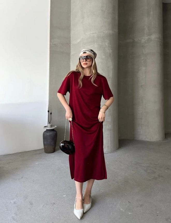 Ezgi Nisantasi Claret Red Shift Midi Dress With Round Neck Wholesale Clothing Casual