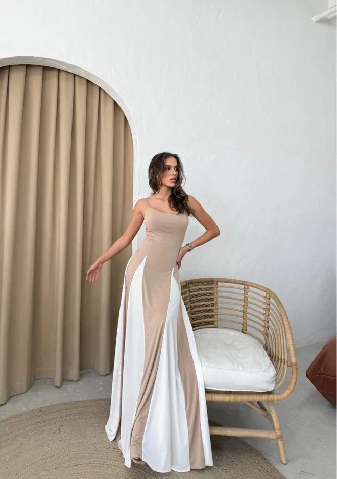 Ezgi Nisantasi Μπεζ Κομψό Σέξι Φόρεμα Slip Με Τετράγωνη Λαιμόκοψη Χονδρικό εμπόριο ενδυμάτων Σέξι