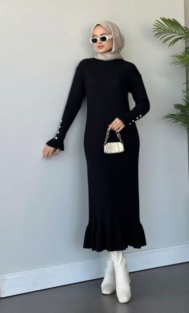 Ezgi Nisantasi Elegante Vestido Maxi Suéter Negro Con Mangas Campana Ropa al por mayor Modesto