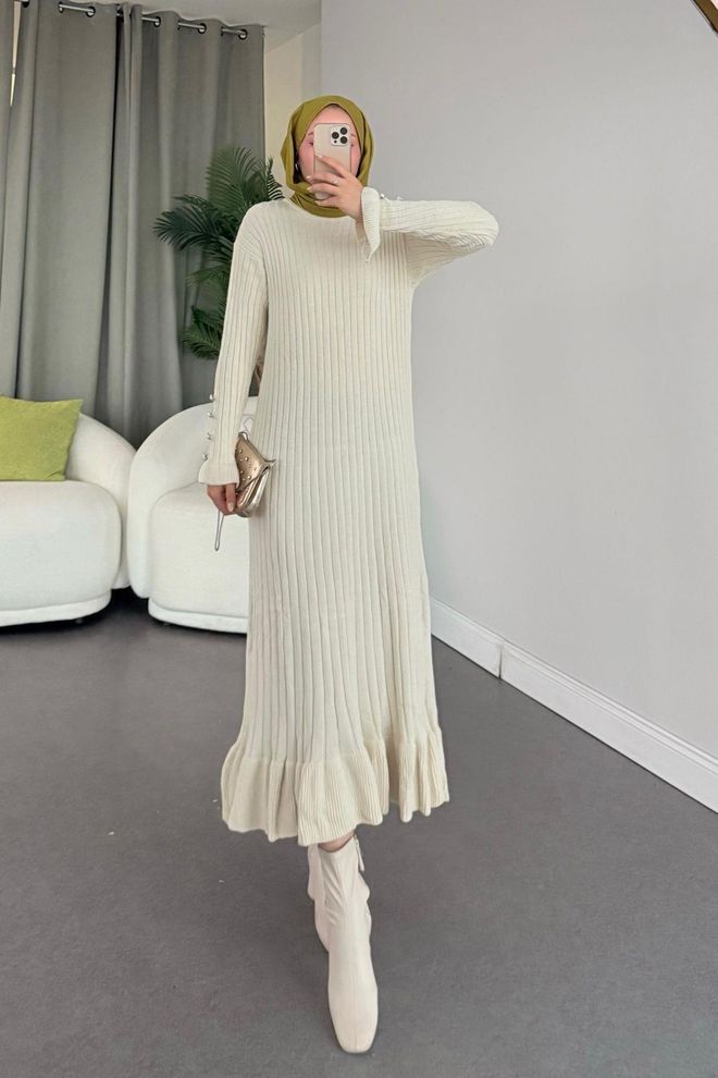 Ezgi Nisantasi Vestido Maxi Beige Modesto Elegante De Suéter Con Mangas Con Volantes Ropa al por mayor Modesto