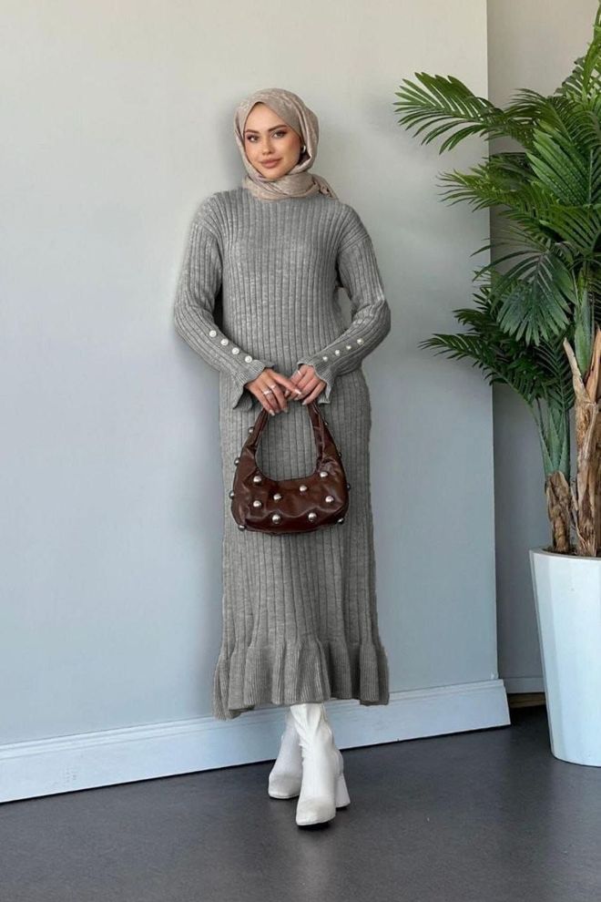 Ezgi Nisantasi Vestido Suéter Gris Elegante Y Modesto Ropa al por mayor Modesto