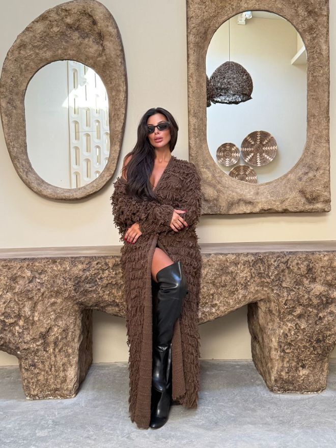 Ezgi Nisantasi Kahverengi V Yaka Uzun Bol Kesim Hırka Toptan Giyim Gündelik