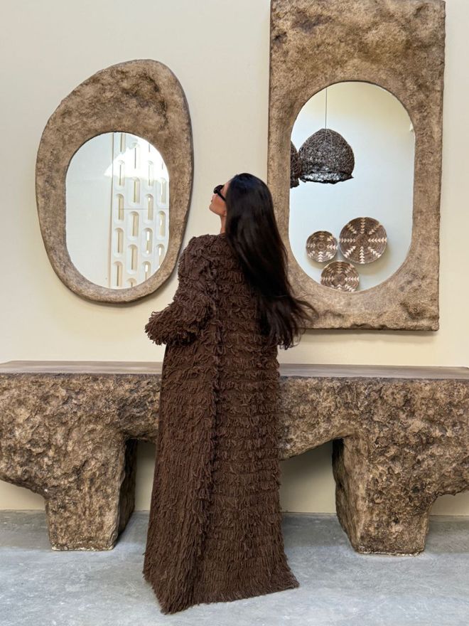 Ezgi Nisantasi Brown Oversized V Neck Long Cardigan Wholesale Clothing Lounge