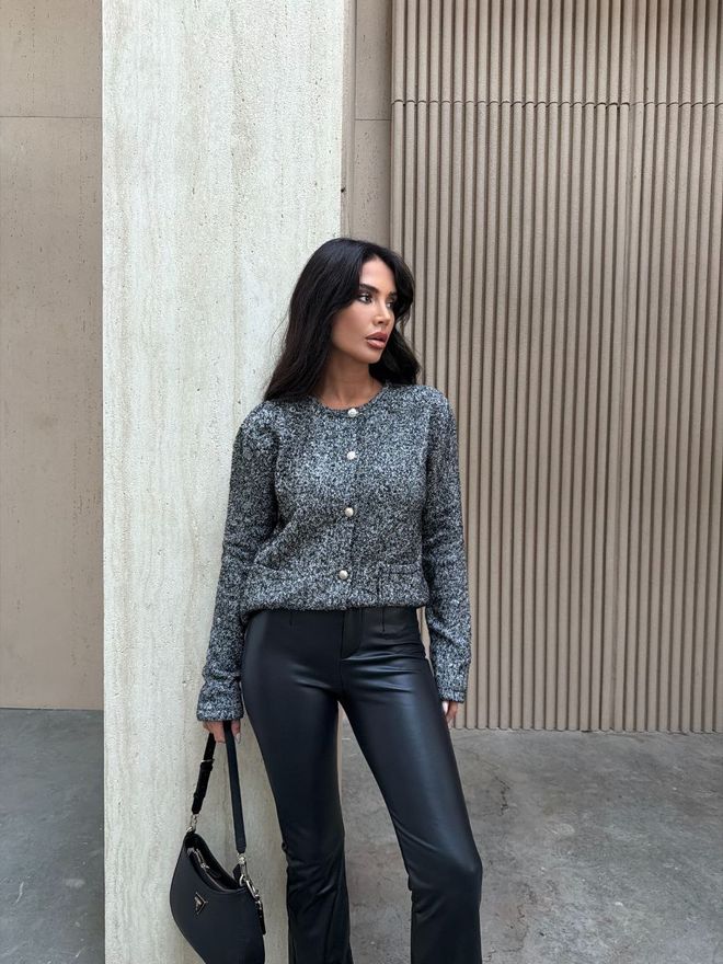 Ezgi Nisantasi Gri Düğmeli Hırka Ve Yama Cep Toptan Giyim Gündelik