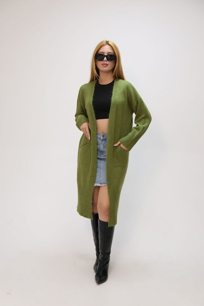 Ezgi Nisantasi Yeşil Hırka Bol Kalıp Uzun Önü Açık Toptan Giyim Tesettür