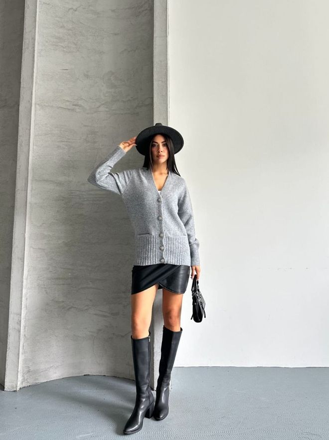 Ezgi Nisantasi Gri Gündelik Zarif Uzun V Yakalı Hırka Toptan Giyim Gündelik