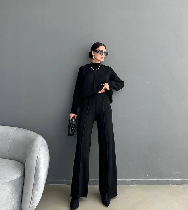 Ezgi Nisantasi مجموعة رياضية أسود Palazzo ساق عريضة رقبة طويلة ملابس بالجملة غير رسمي
