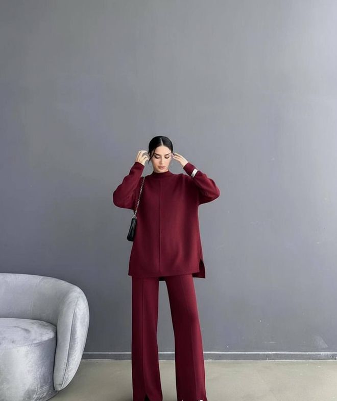Ezgi Nisantasi Trening Roșu Bordo Cu Pantaloni Palazzo Și Guler Înalt Îmbrăcăminte cu ridicata Casual