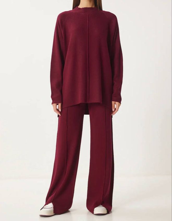 Ezgi Nisantasi Claret Red Tracksuit With High Neck Palazzo Pants Wholesale Clothing 1