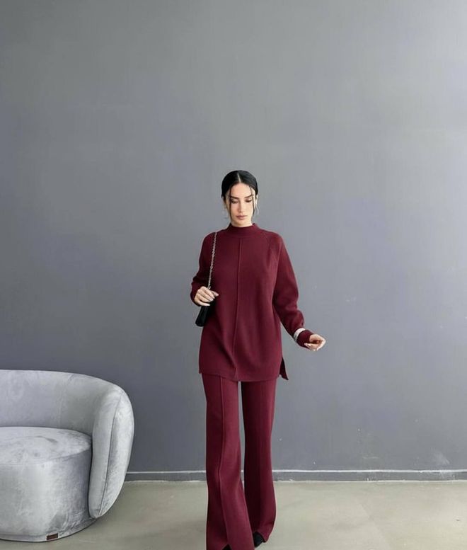 Ezgi Nisantasi Claret Red Tracksuit With High Neck Palazzo Pants Wholesale Clothing Lounge