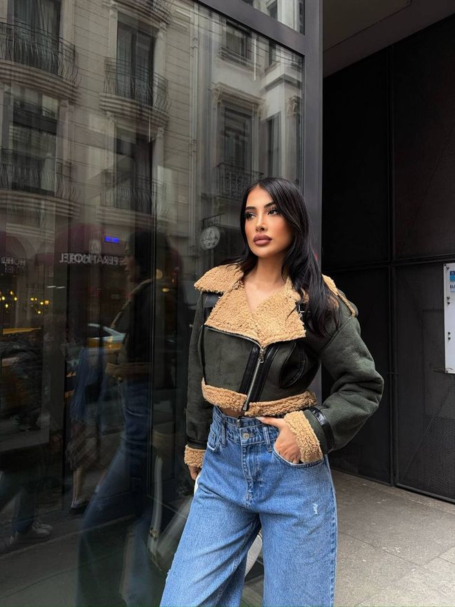 Ezgi Nisantasi Braun Jeansjacke Slim Fit Reißverschluss Biker Großhandelskleidung Lässig