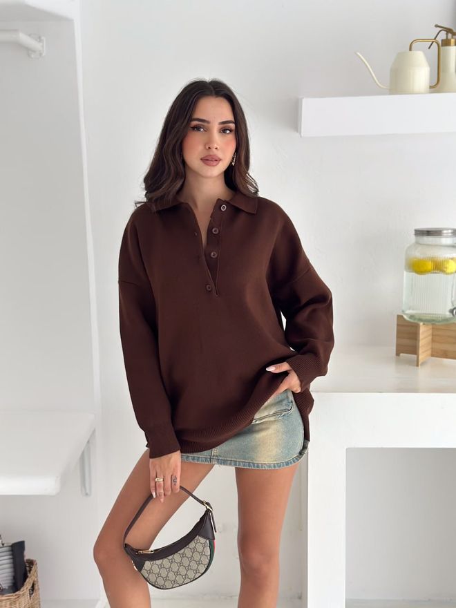 Ezgi Nisantasi Brauner Pullover Mit Übergroßer Passform Und Polokragen Großhandelskleidung Lässig
