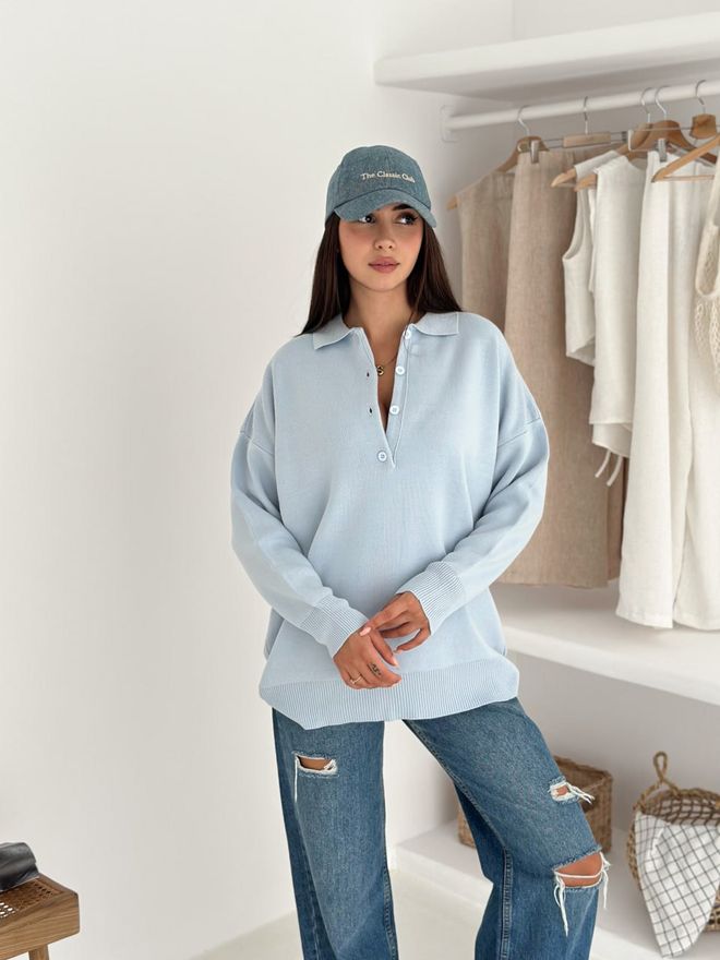 Ezgi Nisantasi Blue Oversized Fit Sweater With Polo Neck Wholesale Clothing 1