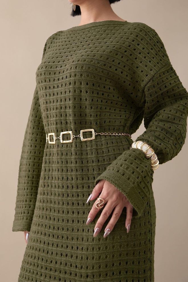 Ezgi Nisantasi Green Maxi Sweater Dress With Boat Neck Wholesale Clothing 1