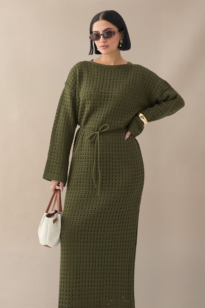 Ezgi Nisantasi Green Maxi Sweater Dress With Boat Neck Wholesale Clothing Lounge