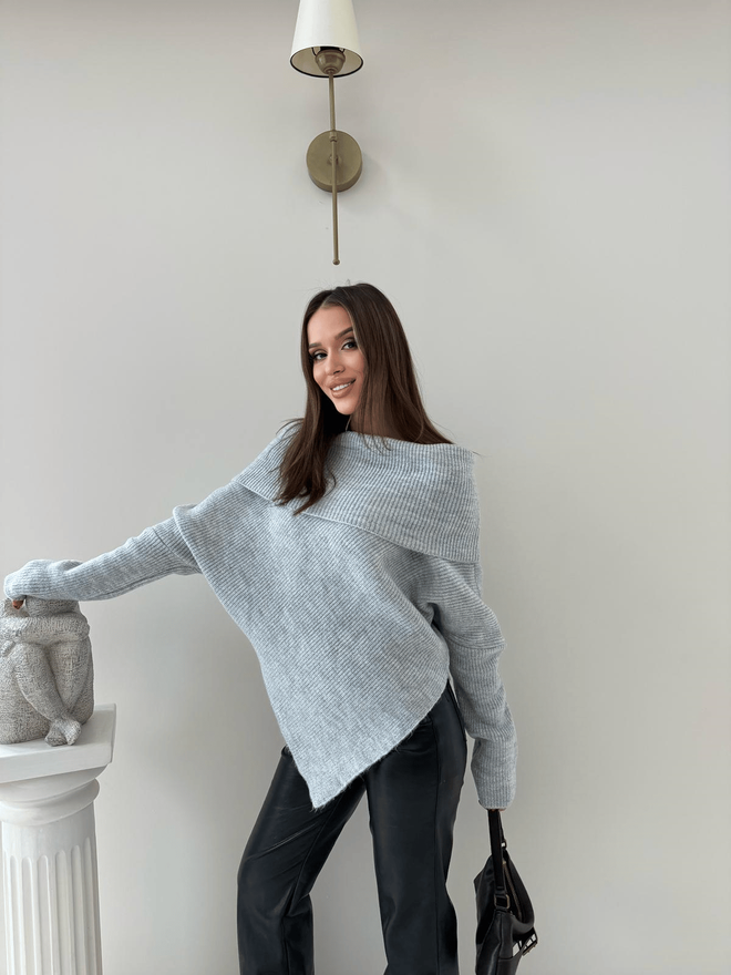 Ezgi Nisantasi Grau Pullover Oversized Mit Bootsausschnitt Und Langem Ärmel Großhandelskleidung Lässig