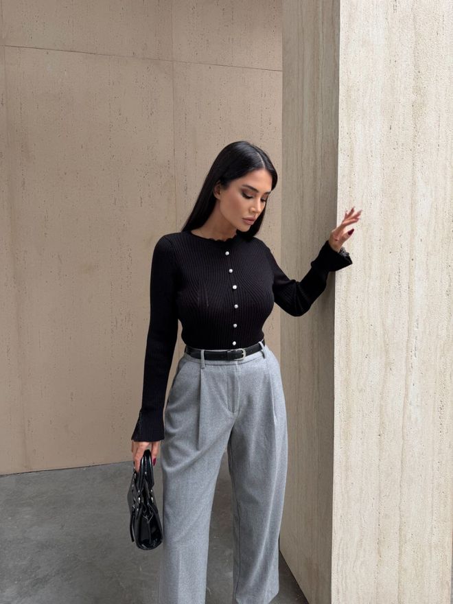 Ezgi Nisantasi Düğme Detay Triko Bluz Toptan Giyim Gündelik