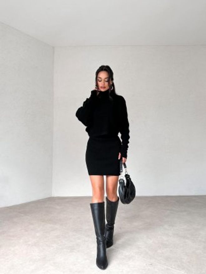 Ezgi Nisantasi Čierny Priliehavý Mini Bodycon Oblek S Vysokým Golierom Veľkoobchod s oblečením Práca