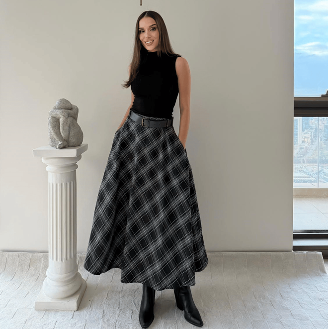 Ezgi Nisantasi Czarna Elegancka Rozkloszowana Kraciasta Spódnica Maxi Hurtowa sprzedaż odzieży Casual