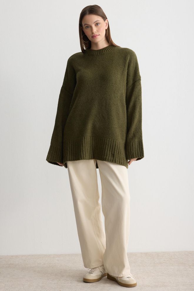 Ezgi Nisantasi Зелен Пуловер С Уголемена Кройка И Небрежен Стил Дрехи на едро Скромна мода