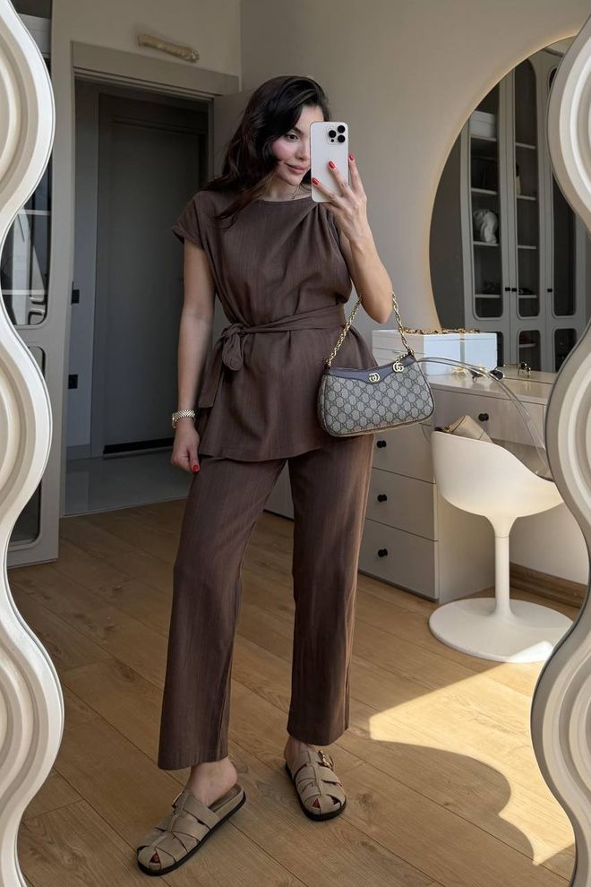 Ezgi Nisantasi Καφέ Ταγέρ Με Κούμπωμα Γραβάτα Και Παντελόνι Palazzo Χονδρικό εμπόριο ενδυμάτων Casual