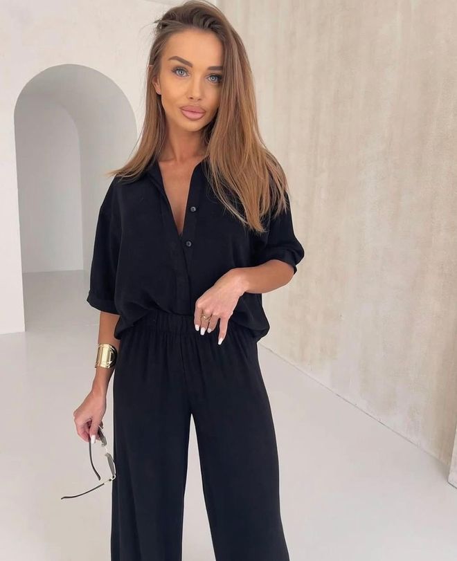 Ezgi Nisantasi Μαύρο Κομψό Ταγιέρ Με Notch Λαιμό Και Παντελόνι Παλατζό Χονδρικό εμπόριο ενδυμάτων Casual