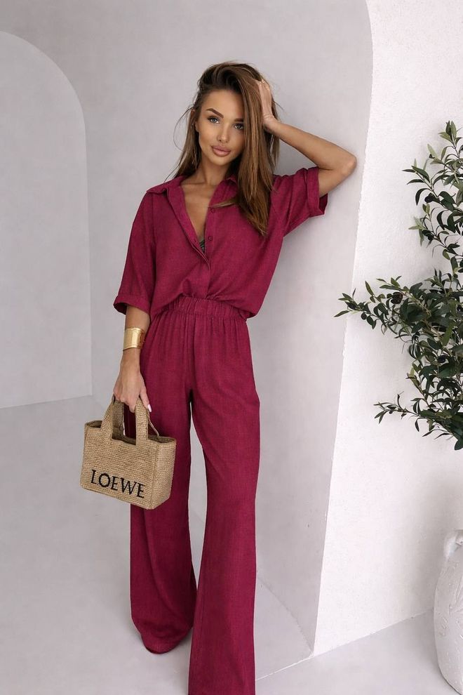 Ezgi Nisantasi Ταγέρ Μπορντό Κομψό Επίσημο Με Κουμπιά Palazzo Χονδρικό εμπόριο ενδυμάτων Casual