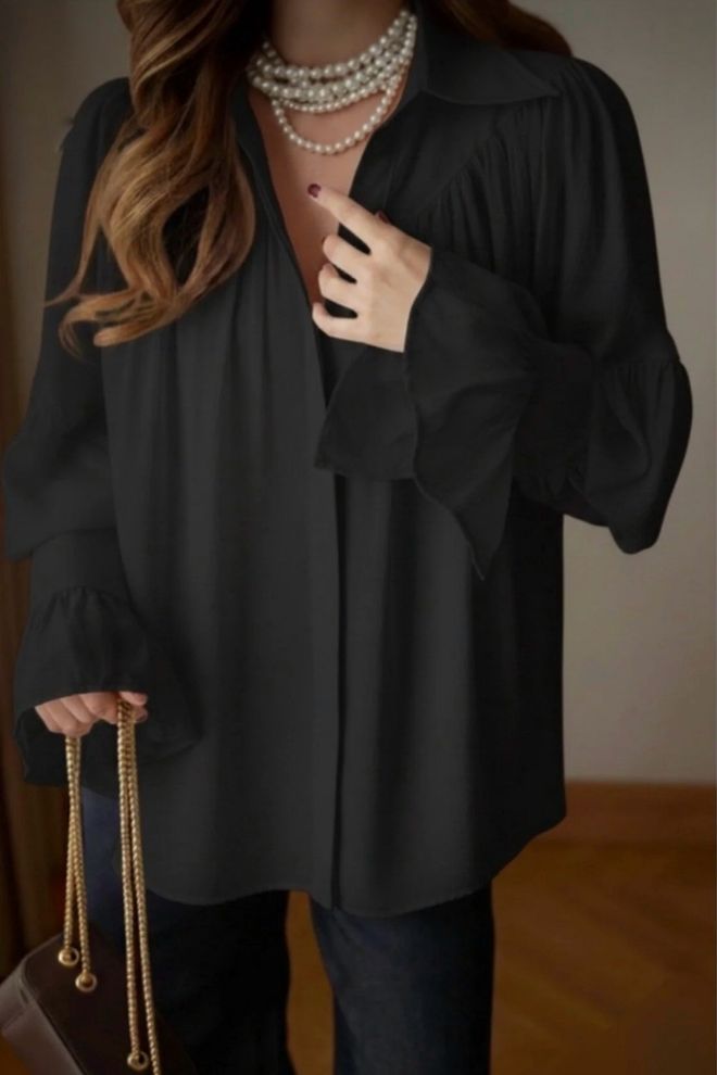 Ezgi Nisantasi Elegant Black Shirt With Ruffle Sleeves Wholesale Clothing 1