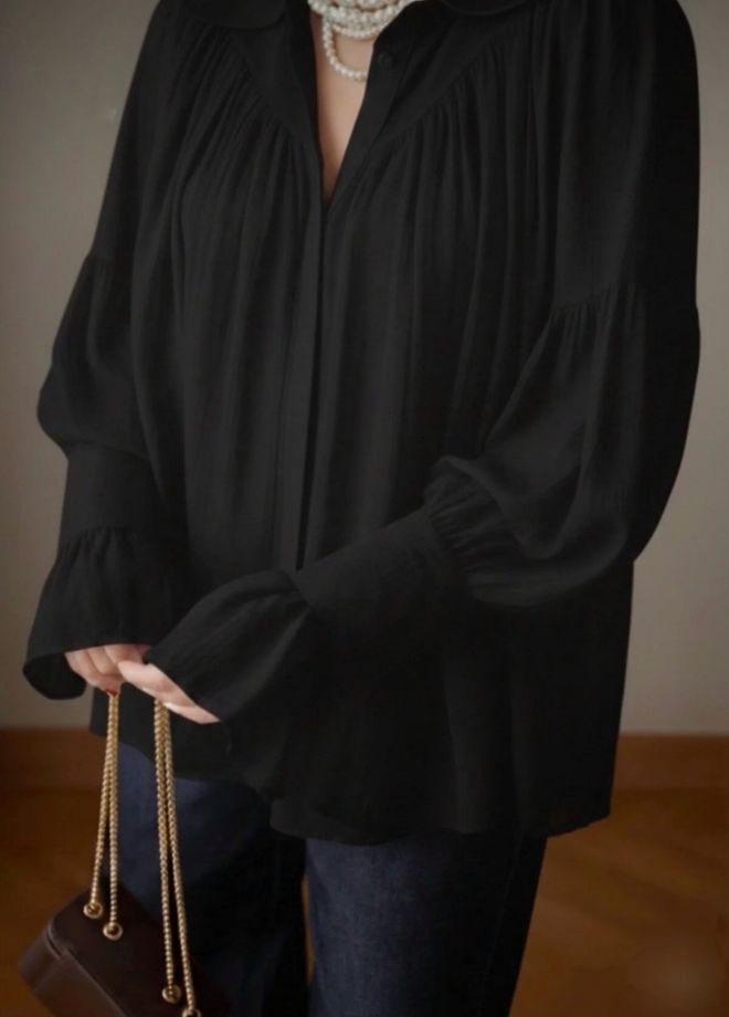 Ezgi Nisantasi Elegant Black Shirt With Ruffle Sleeves Wholesale Clothing Work