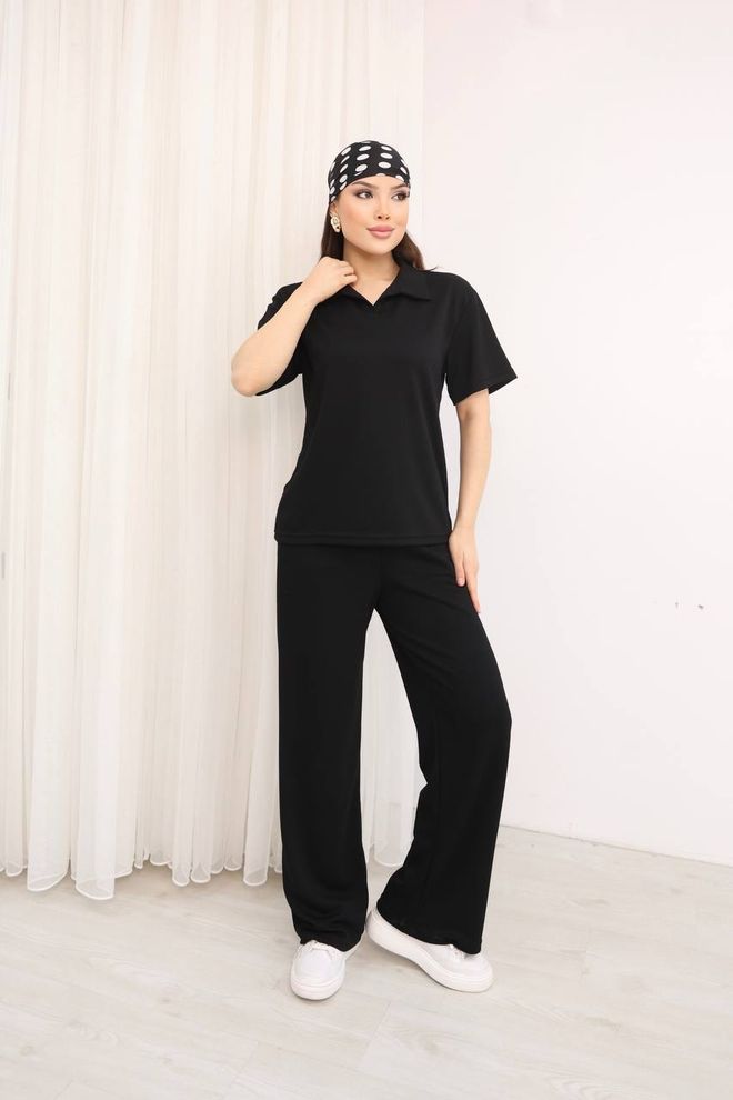 Ezgi Nisantasi Siyah Zarif Tesettür Takım Geniş Paçalı Palazzo Pantolonla Toptan Giyim Tesettür