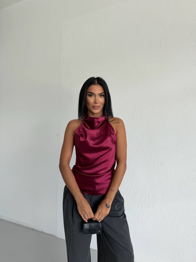 Ezgi Nisantasi Blúzka Bordová Priliehavý Strih Vysoký Krk Bez Rukávov Veľkoobchod s oblečením Sexy