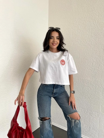 A wholesale clothing model wears  Embroidered Crop -white
, Turkish wholesale Crop Top of Ezgi Nisantasi