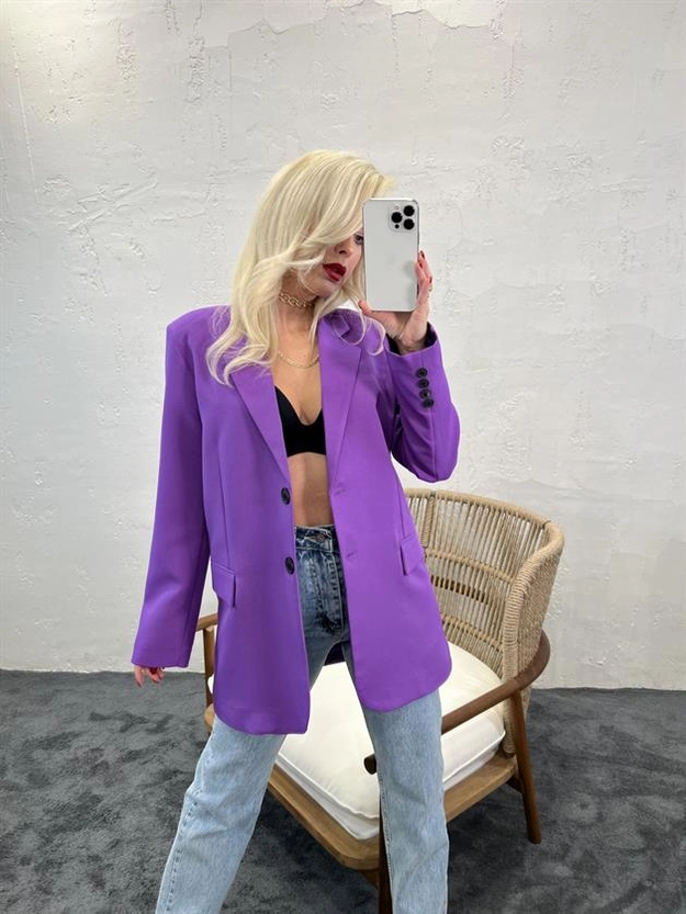 A model wears FME10187 - Jacket - Purple, wholesale Jacket of Fame to display at Lonca