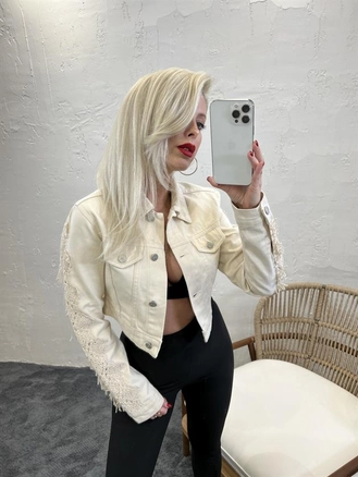 A model wears FME10469 - Jacket - Beige, wholesale Jacket of Fame to display at Lonca