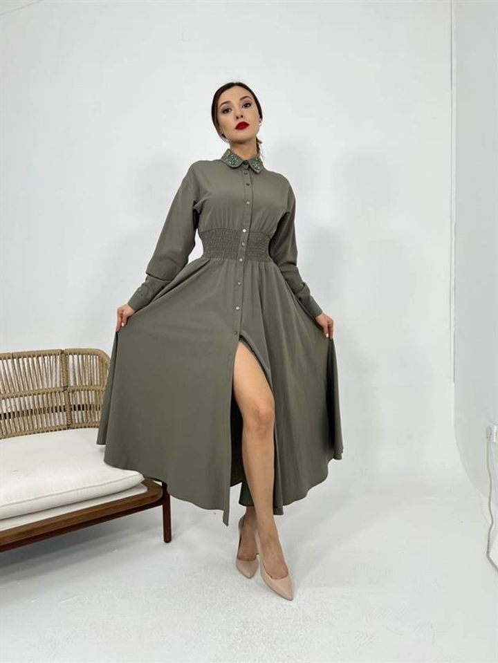 A wholesale clothing model wears fme13619-dress-khaki, Turkish wholesale Dress of Fame