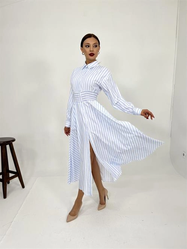 A wholesale clothing model wears fme14111-striped-dress-white, Turkish wholesale Dress of Fame